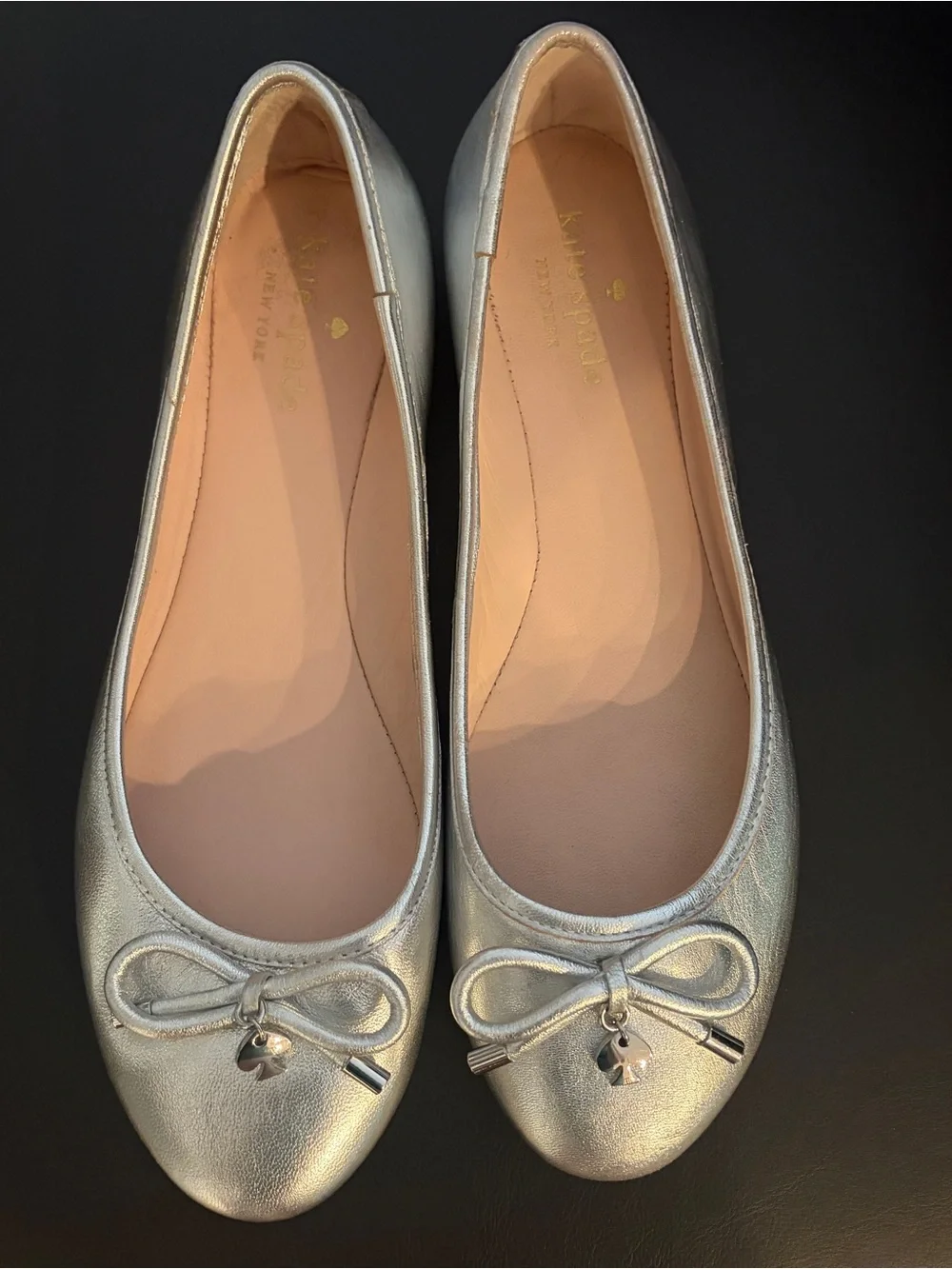 Kate Spade NY Metallic Silver Ballet Flats 7.5M – Bow & Spade Charm
